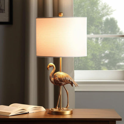 Fortune Candy 26" Matte Gold Polyresin Flamingo Table Lamp With White Drum Shade, Modern Decor for Living Room or Bedroom