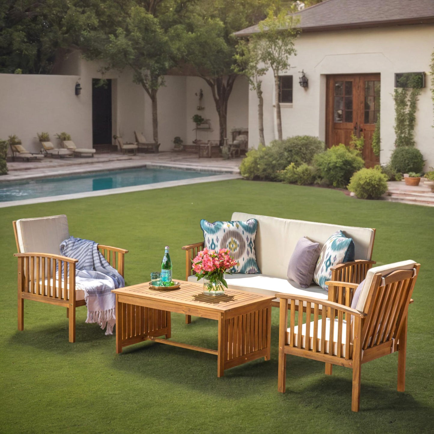 Fortune Candy 4 Pieces Indoor/Outdoor Acacia Wood Sofa Set with Cushions, Brown Conversation Furniture