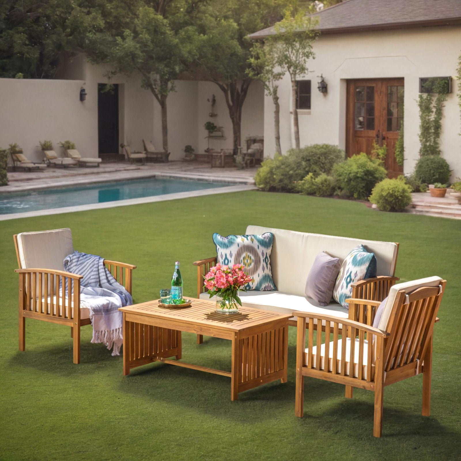 Fortune Candy 4 Pieces Indoor/Outdoor Acacia Wood Sofa Set with Cushions, Brown Conversation Furniture