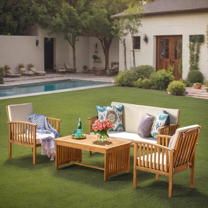 Fortune Candy 4 Pieces Indoor/Outdoor Acacia Wood Sofa Set with Cushions, Brown Conversation Furniture