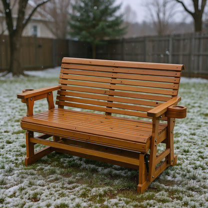 Fortune Candy 2 Person Wooden Patio Glider with High Roll Back and cup holder