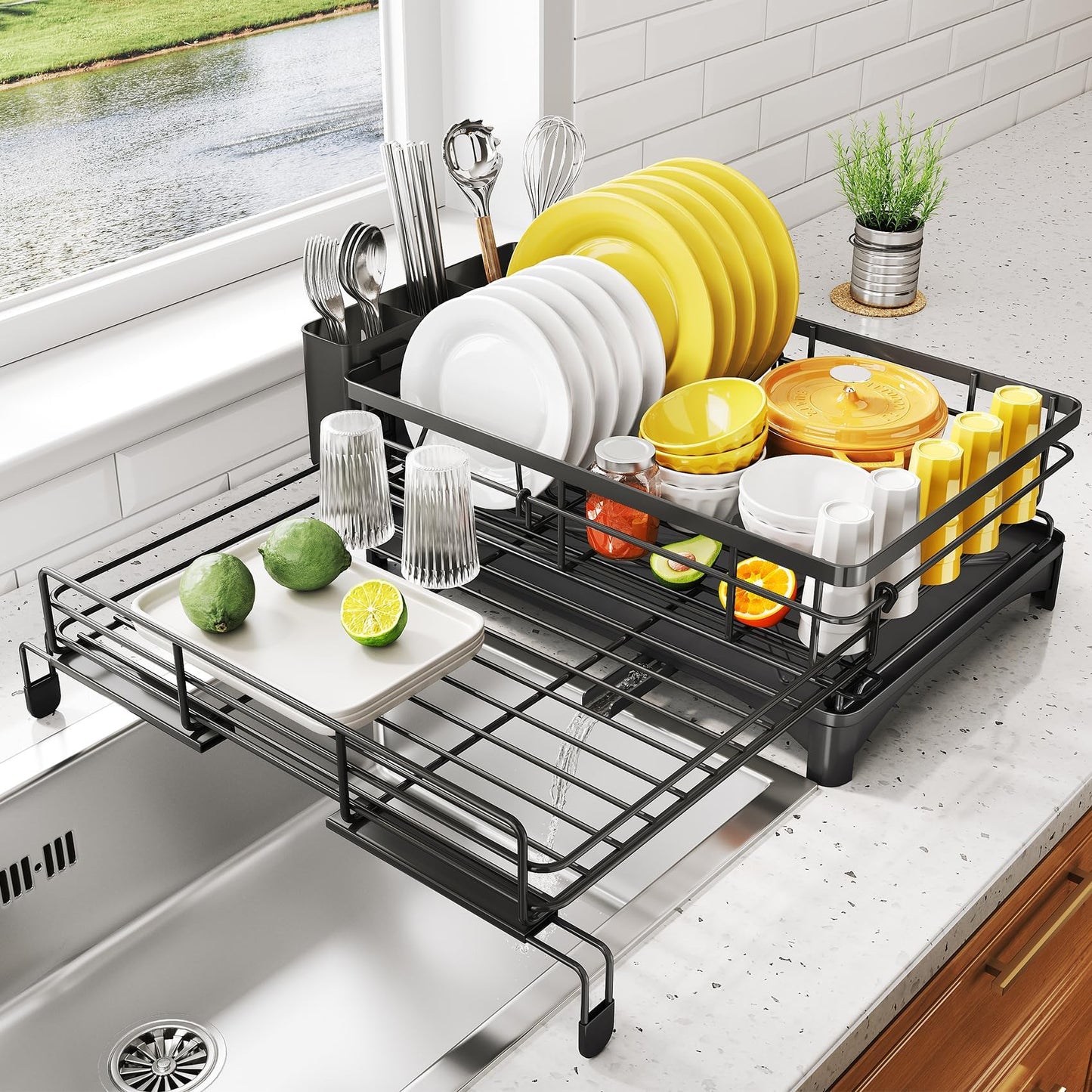 Frotune Candy 2 Tier Extendable Dish Drying Rack, 2-in-1 Dishrack for Kitchen Counter and Sink, Black