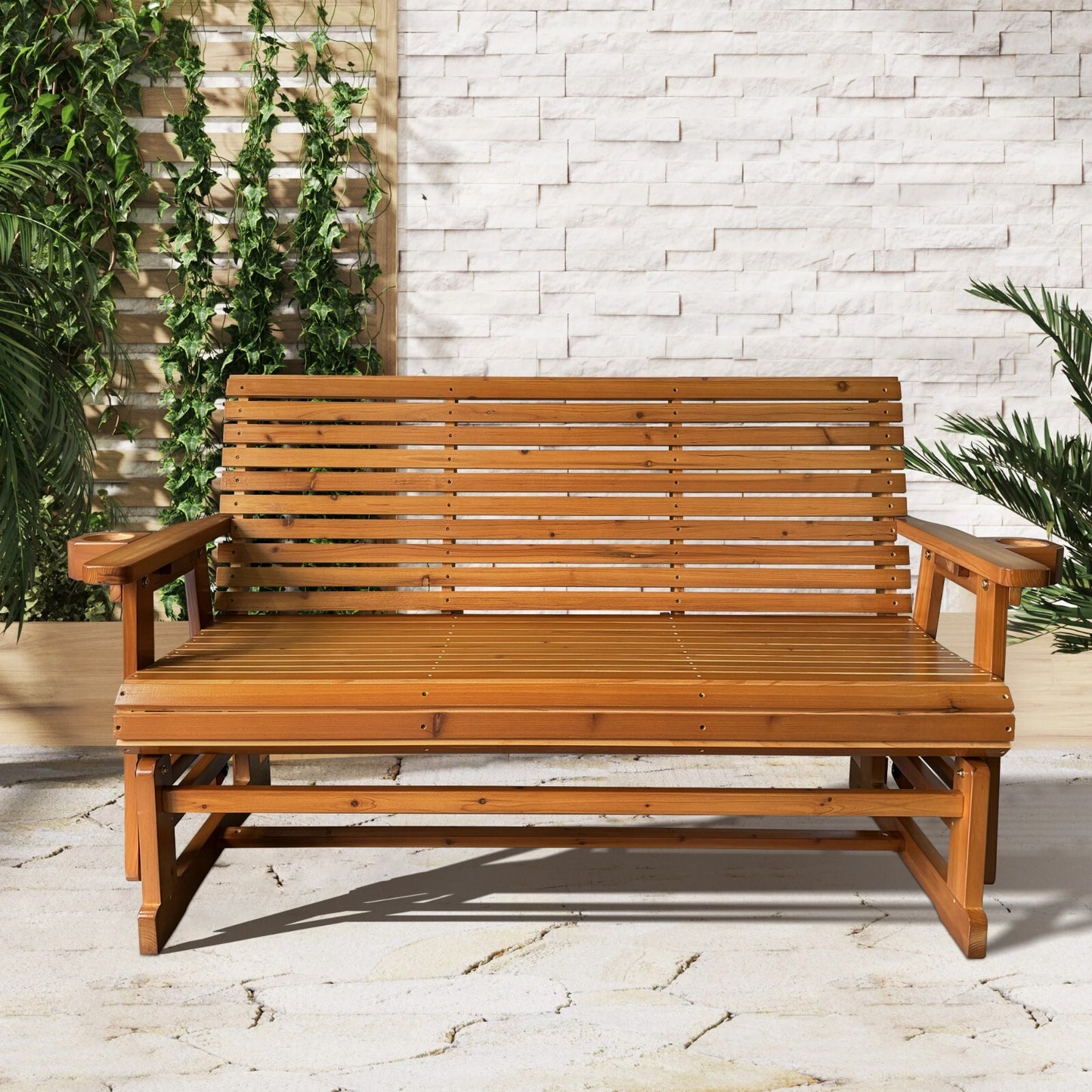 Fortune Candy 3 Person Wooden Patio Glider with Cup Holders, Cedar Tone