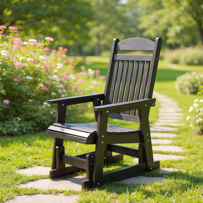 Fortune Candy 1-Person Poly Lumber Patio Glider, with Cup Holders, High Backrest and Deep Contoured Seat, HIPS Material (Matte Black)