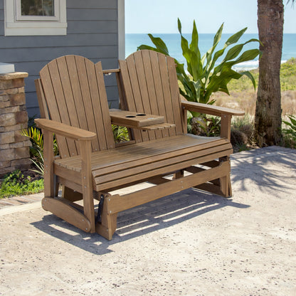 Fortune Candy 67.5 in Poly Lumber Plastic Patio Glider with Cup Holders, Brown, High Backrest and 900 lbs Weight Capacity, 3-Person