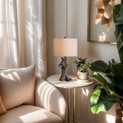 Fortune Candy 24.75" Rustic Black Bear Table Lamp, Polyresin Tree Trunk Base with Fabric Drum Shade for Home Decor