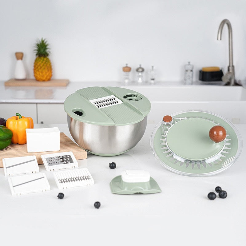 Fortune Candy 5.3 Qt Stainless Steel Salad Spinner, 7-in-1 Vegetable Washer, Cutter & Chopper with 5 Blades