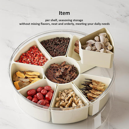 Fortune Candy 9 Compartment Box, Rotating Serving Tray with Lid & Handle, Portable Organizer for Fruits, Candy, Veggies, Party & Travel (White)