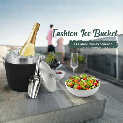 Fortune Candy 2.8 L Double Wall Stainless Steel Ice Bucket, with Tongs, Scoop and Holder, Black