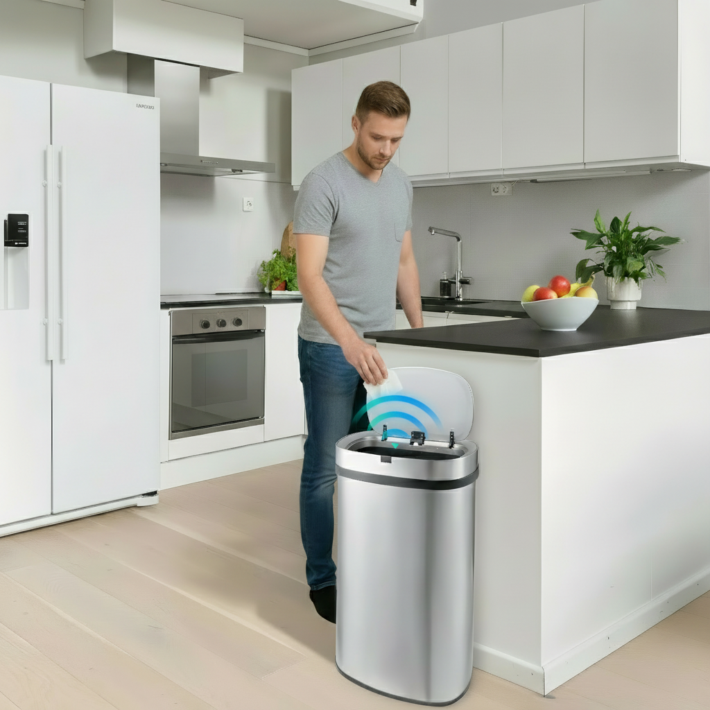 Innovaze 18 Gal./68 Liter Stainless Steel Oval Motion Sensor Trash Can for Home, Laundromat, Stores & Hospital