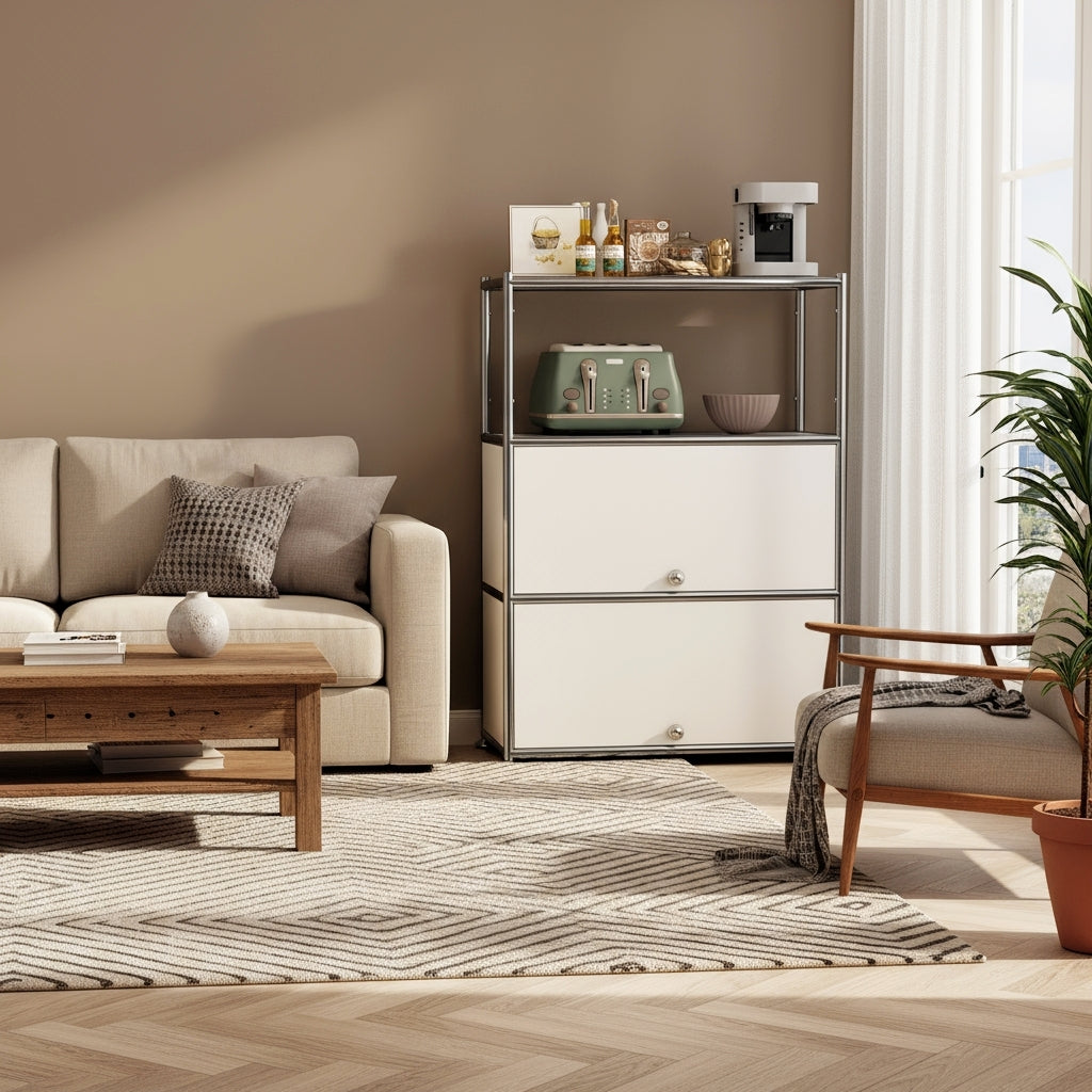 Fortune Candy 3 Tier Metal Storage Cabinet with Doors, Modern Organizer, Open Shelf for Dining Room or Living Space, White