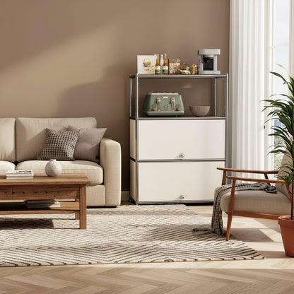 Fortune Candy 3 Tier Metal Storage Cabinet with Doors, Modern Organizer, Open Shelf for Dining Room or Living Space, White