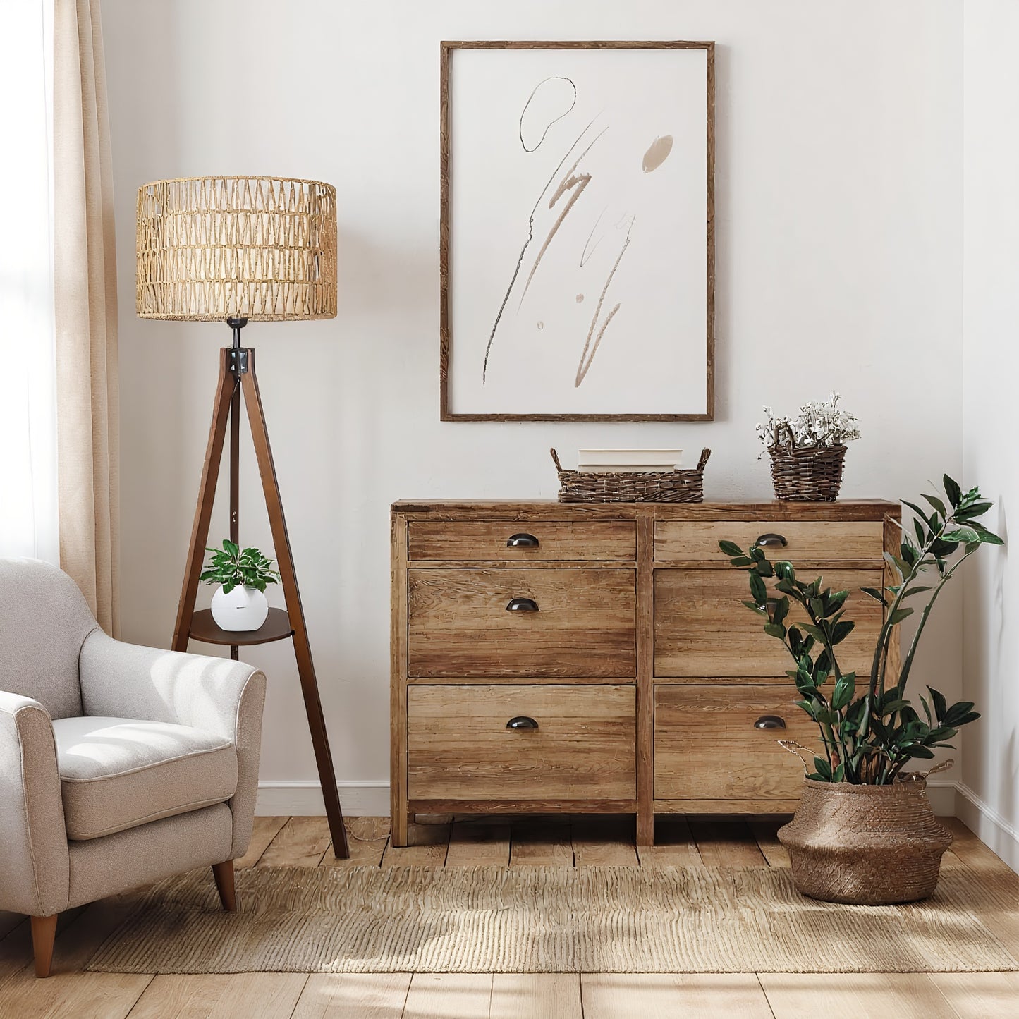 Fortune Candy 59'' Tall Boho Tripod Floor Lamp with Shelves, Mid-Century Modern Wood Standing Lamp with Rattan and Fabric Shades for Home