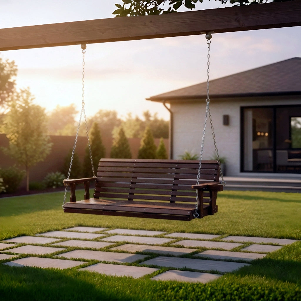 Fortune Candy 5 ft. Wooden Porch Swing 3-Seater for Outdoor Patio Garden Yard (Deep Brown)