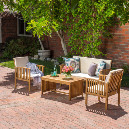 Fortune Candy 4 Pieces Indoor/Outdoor Acacia Wood Sofa Set with Cushions, Brown Conversation Furniture