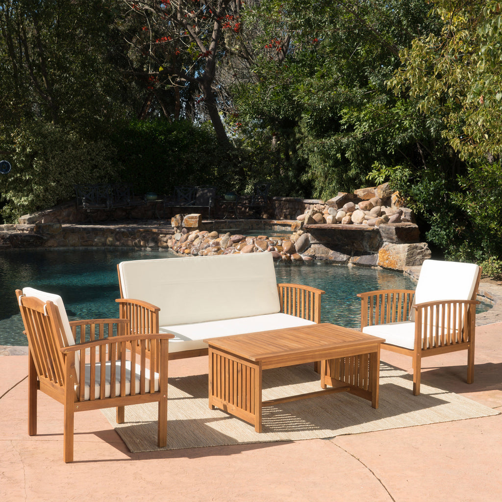 Fortune Candy 4 Pieces Indoor/Outdoor Acacia Wood Sofa Set with Cushions, Brown Conversation Furniture