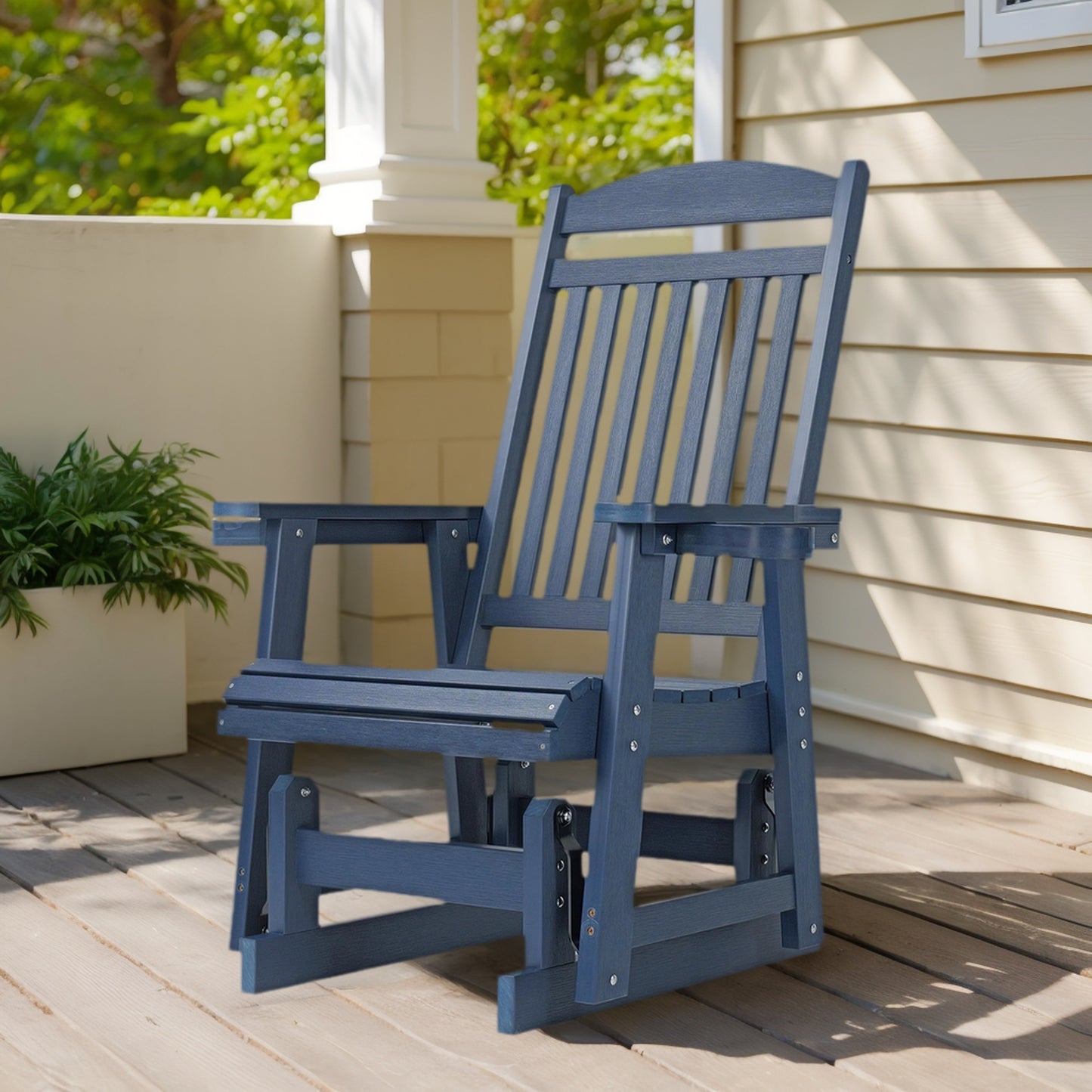 Fortune Candy 1 Person Poly Lumber Patio Glider, with Cup Holders, High Backrest and Deep Contoured Seat, HIPS Material (Navy Blue)