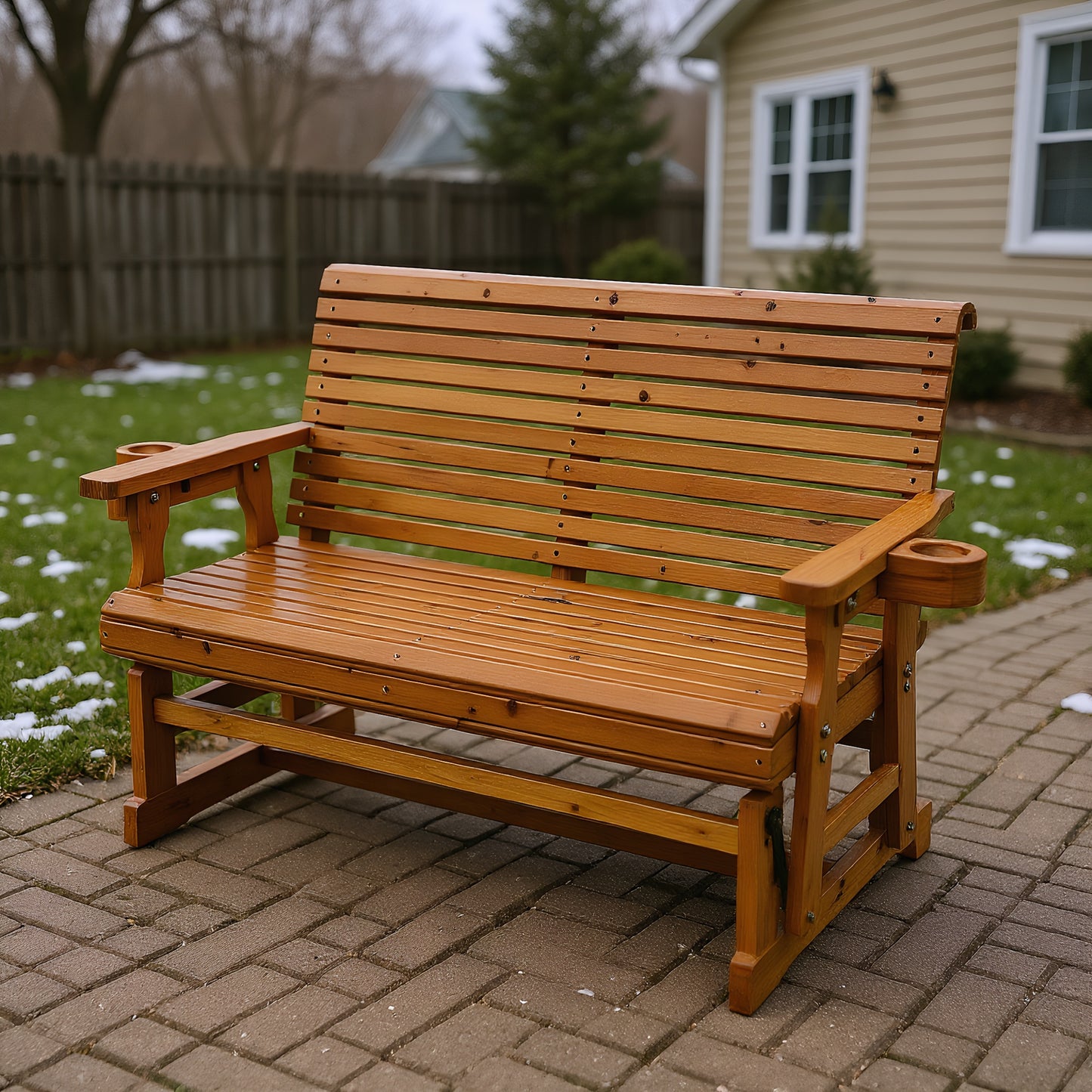 Fortune Candy 2 Person Wooden Patio Glider with High Roll Back and cup holder