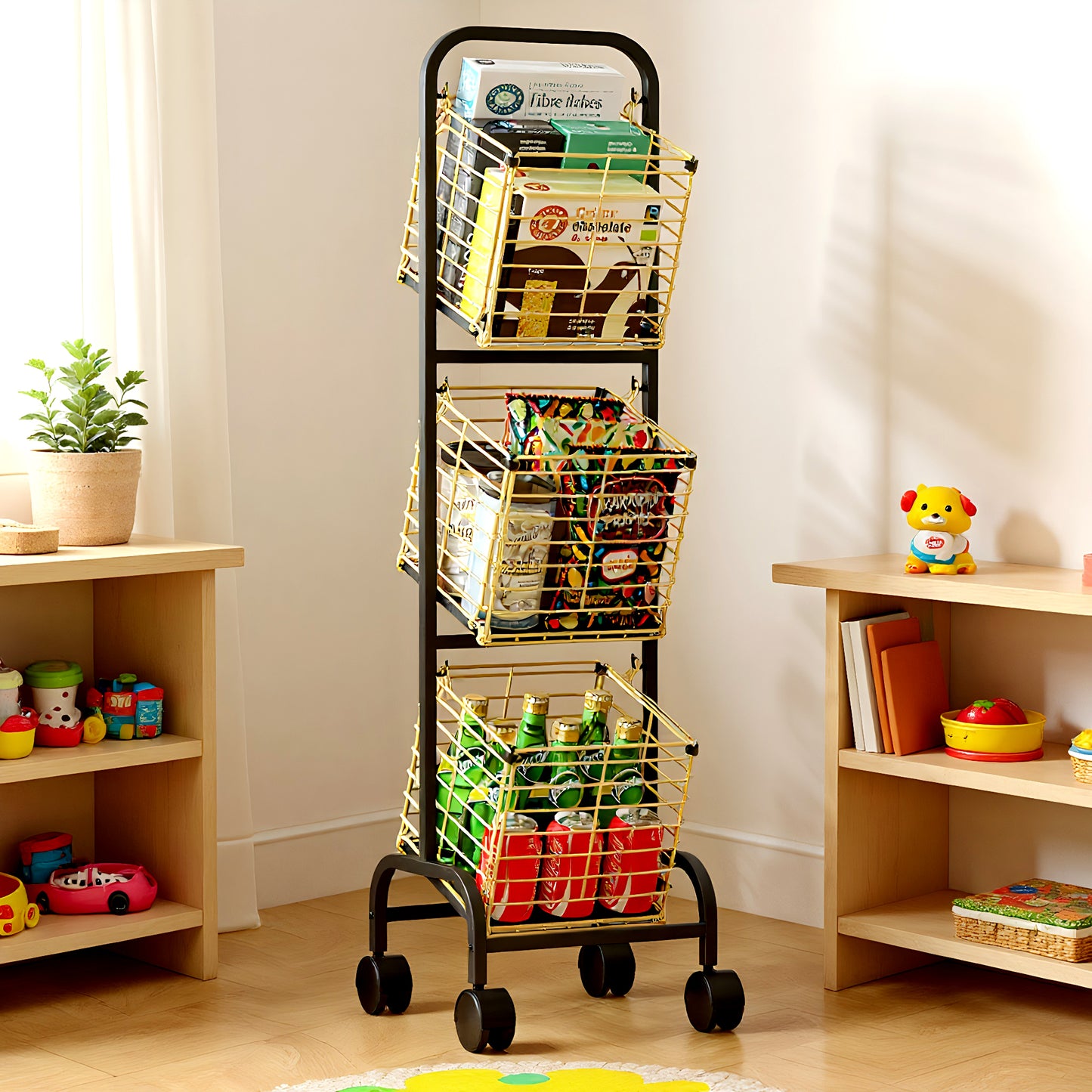 Fortune Candy 3-Tier Metal Rolling Storage Basket Cart, Black Gold Utility Organizer with Wheels for Books, Toys, Food, Vegetables, and More