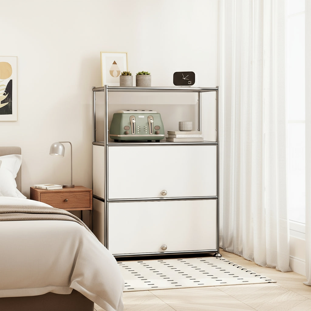 Fortune Candy 3 Tier Metal Storage Cabinet with Doors, Modern Organizer, Open Shelf for Dining Room or Living Space, White