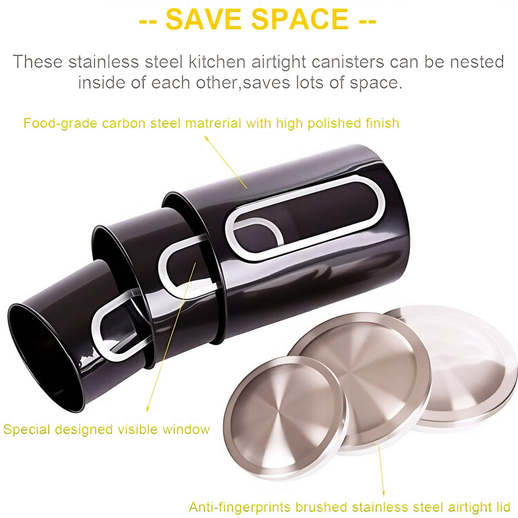 Fortune Candy 3 PCS Stainless Steel Canister Set with Anti-Fingerprint Lids & Visible Windows, Multipurpose Food Storage for Kitchen or Travel (Black)