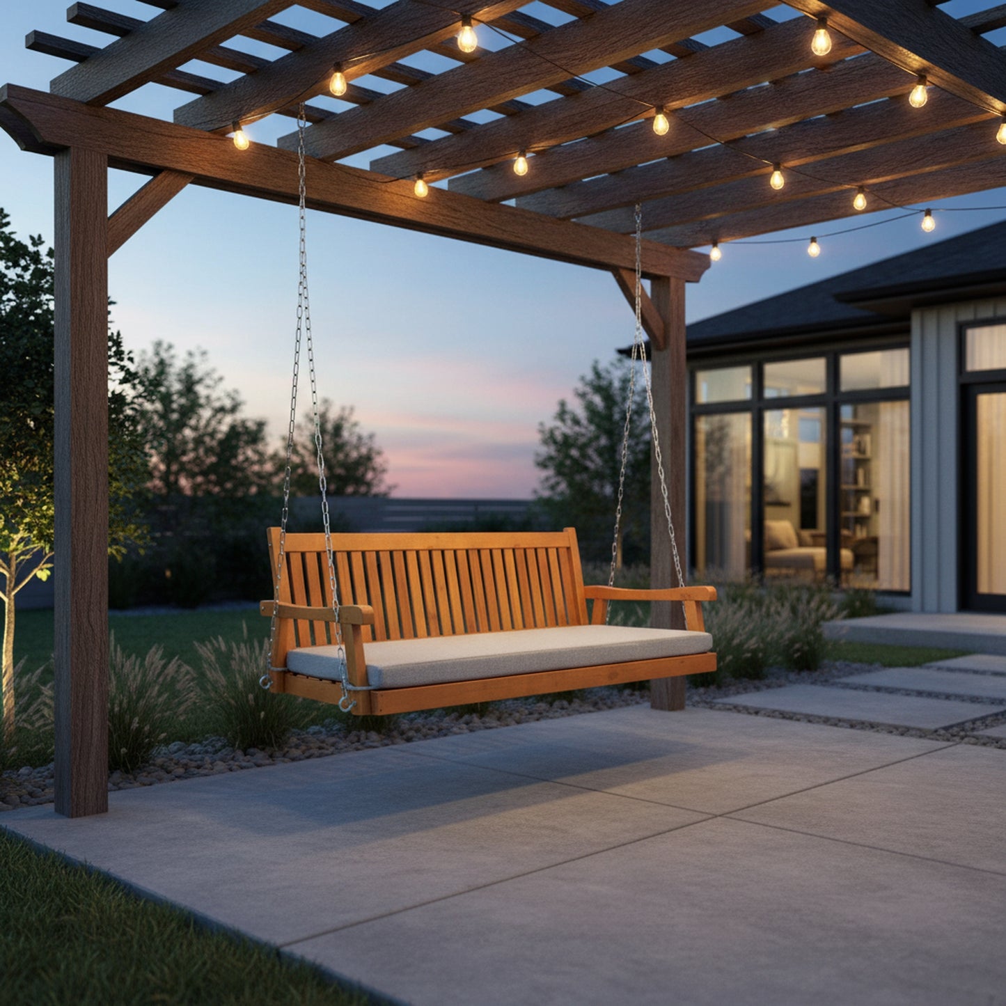 Fortune Candy 75.1 in. Solid Fir Wood Frame Porch Swing Bed with Thick Cushion-Outdoor Hanging Daybed, Teak, Heavy Duty 1000 LBS