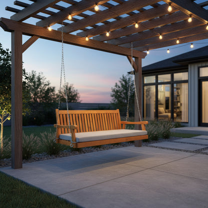 Fortune Candy 75.1 in. Solid Fir Wood Frame Porch Swing Bed with Thick Cushion-Outdoor Hanging Daybed, Teak, Heavy Duty 1000 LBS