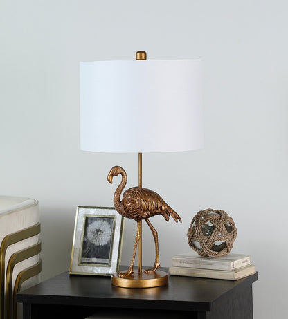 Fortune Candy 26" Matte Gold Polyresin Flamingo Table Lamp With White Drum Shade, Modern Decor for Living Room or Bedroom