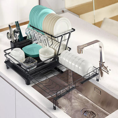 Frotune Candy 2 Tier Extendable Dish Drying Rack, 2-in-1 Dishrack for Kitchen Counter and Sink, Black