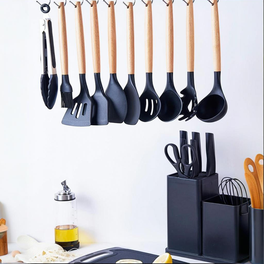 Fortune Candy 19pc Kitchen Utensil Set, Includes Tongs, Ladle, Scissors, Knives and Cutting Board (Black)