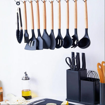 Fortune Candy 19pc Kitchen Utensil Set, Includes Tongs, Ladle, Scissors, Knives and Cutting Board (Black)