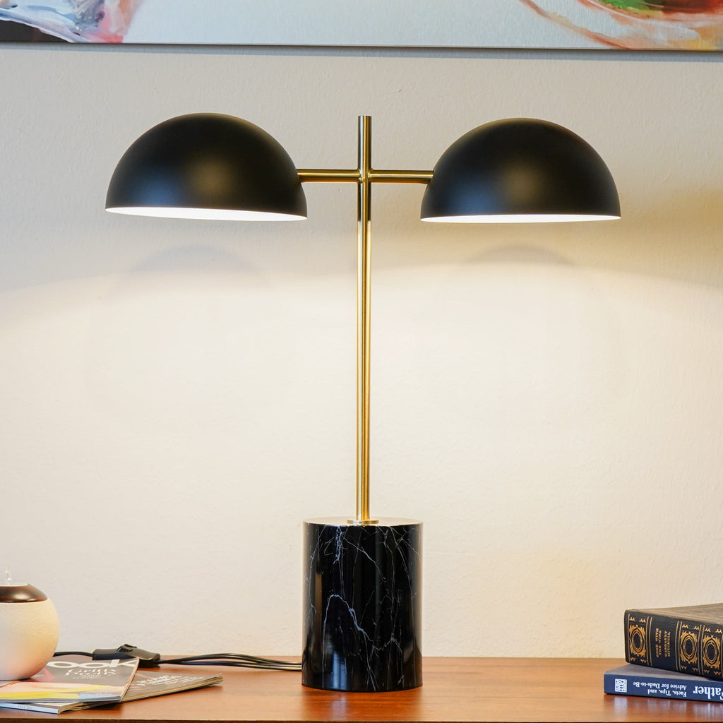 Fortune Candy 22.4'' Black Table Lamp with Double Bulbs, Faux Marble Base, Modern Desk Light for Living Room, Bedroom, or Office Reading
