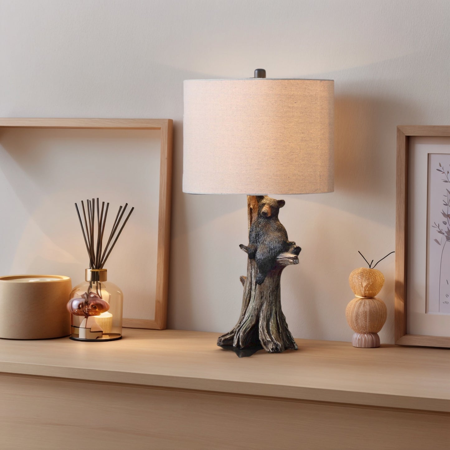 Fortune Candy 24.75" Rustic Black Bear Table Lamp, Polyresin Tree Trunk Base with Fabric Drum Shade for Home Decor