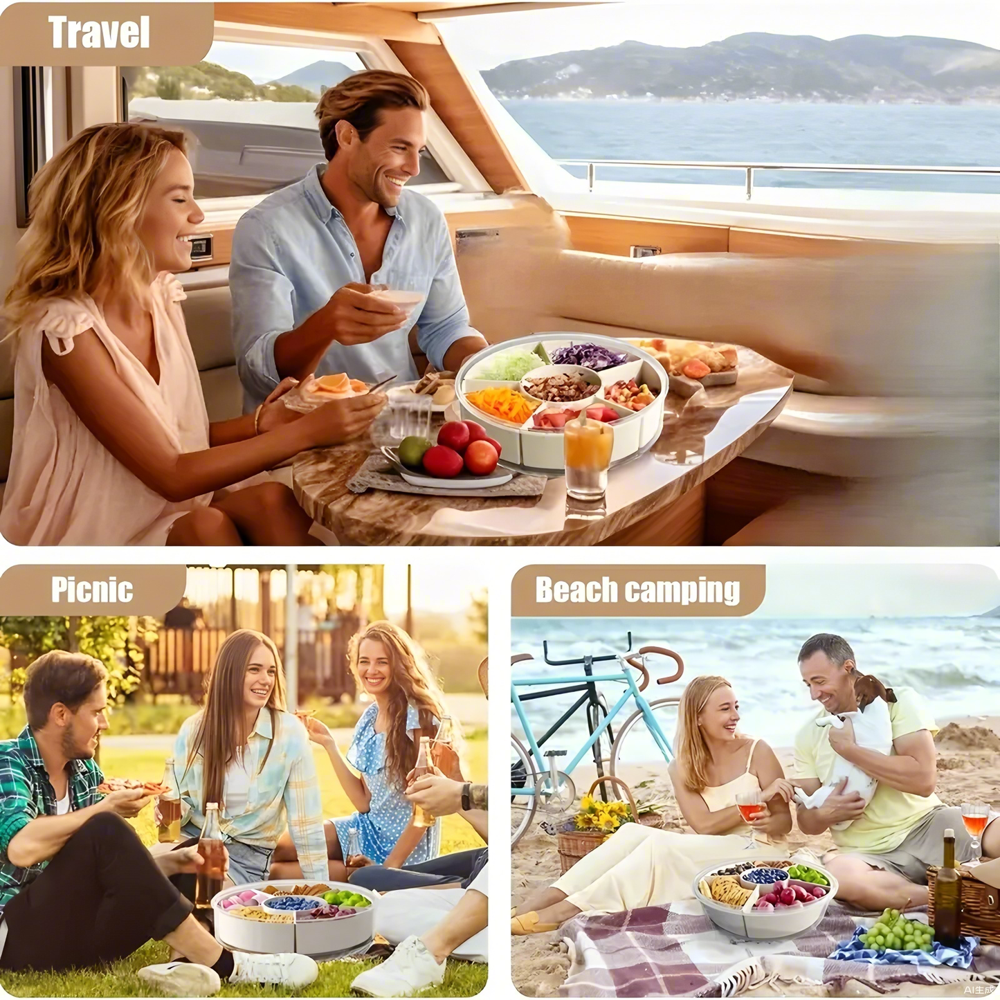 Fortune Candy 9 Compartment Box, Rotating Serving Tray with Lid & Handle, Portable Organizer for Fruits, Candy, Veggies, Party & Travel (White)