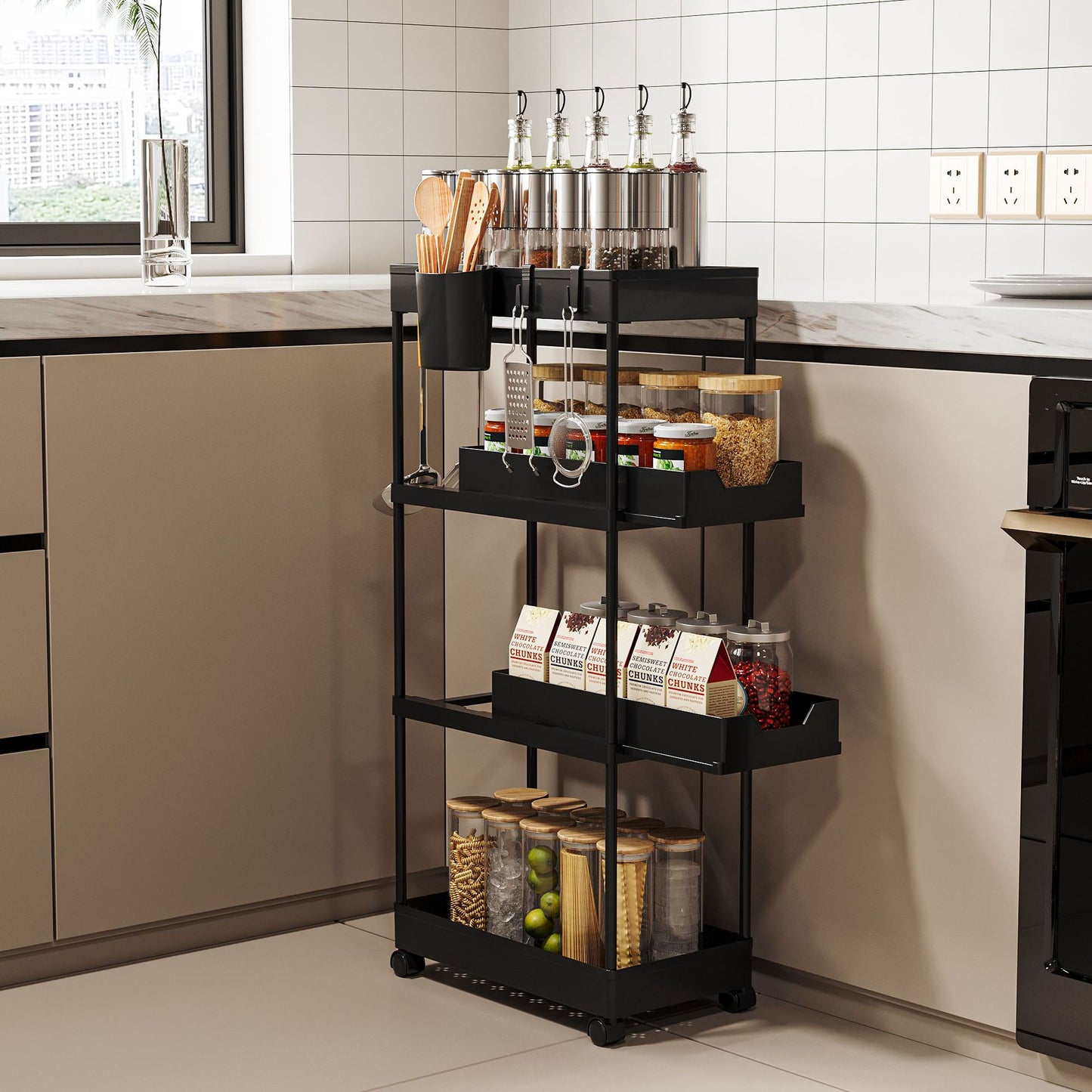 Fortune Candy 4-Tier Plastic Storage Cart with Wheels, Rolling Kitchen Shelving Rack for Pantry, Bathroom, Office