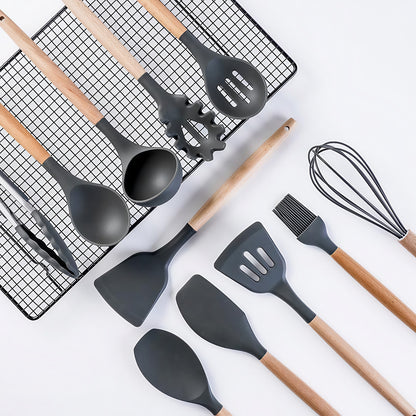 Fortune Candy 19pc Kitchen Utensil Set, Includes Tongs, Ladle, Scissors, Knives and Cutting Board (Black)