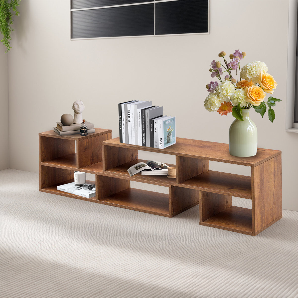 Fortune Candy L-Shaped Adjustable TV Stand for TVs up to 70'', MDF Entertainment Center with Open Shelves for Living Room or Apartment, Walnut