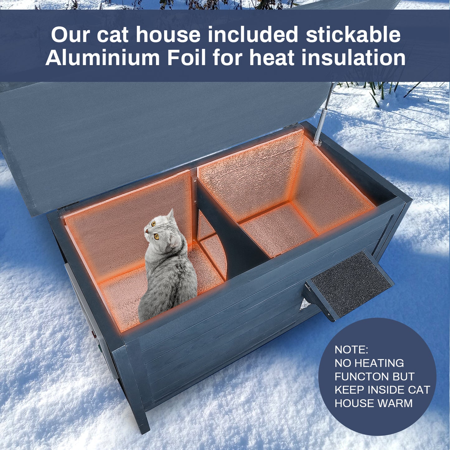 Fortune Candy 34.25'' Wooden Indoor-Outdoor Insulated Cat House with Raised Base, Spacious Indoor Area for All-Season Use, Navy Blue