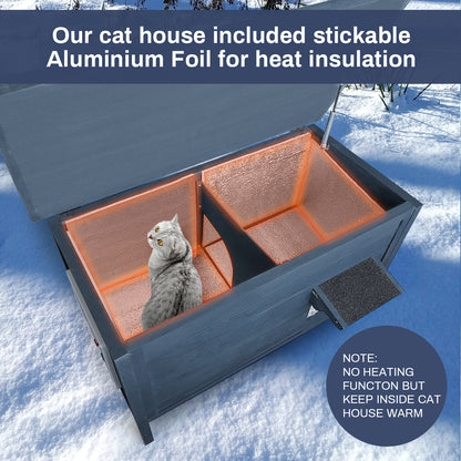 Fortune Candy 34.25'' Wooden Indoor-Outdoor Insulated Cat House with Raised Base, Spacious Indoor Area for All-Season Use, Navy Blue