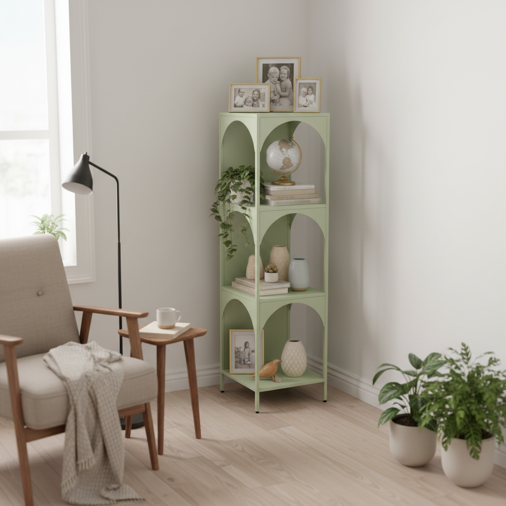 Fortune Candy 52.4" Tall 4-Tier Corner Display Shelf, Sage Green Steel Organizer for Home, Apartment, Retail, and Coffee Shops