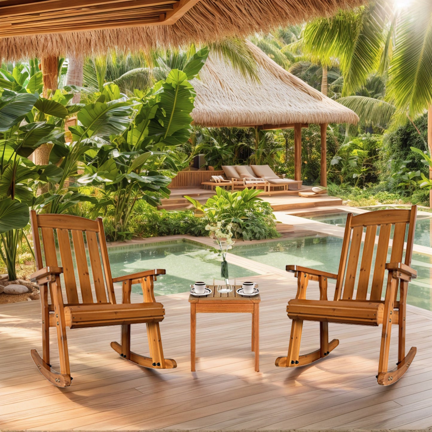 Fortune Candy 2 PCS Solid Fir Wood Outdoor Rocking Chair with Deep Contour Seat, Heavy Duty 600 lbs for Patio Porch and Yard, Brown