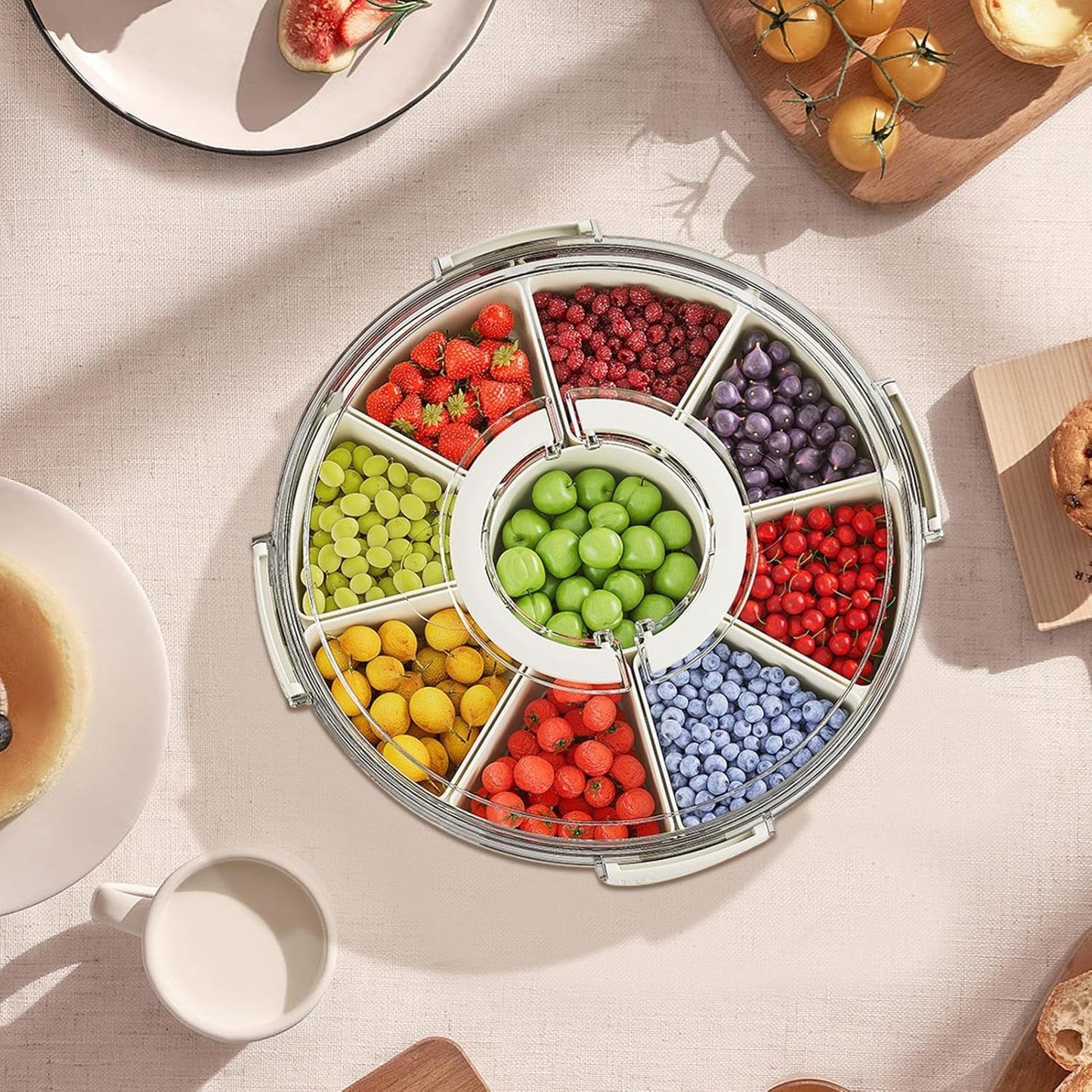 Fortune Candy 9 Compartment Box, Rotating Serving Tray with Lid & Handle, Portable Organizer for Fruits, Candy, Veggies, Party & Travel (White)