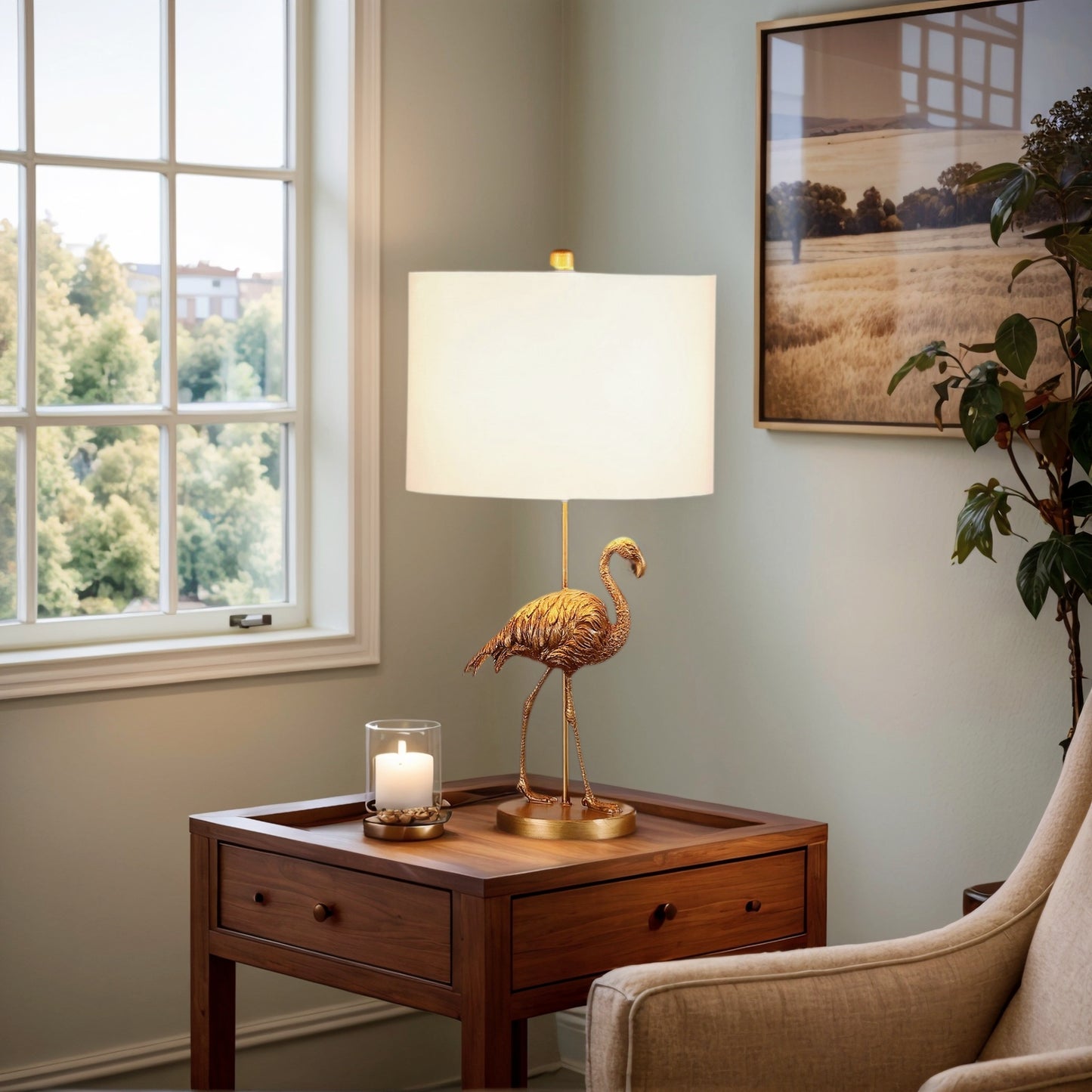 Fortune Candy 26" Matte Gold Polyresin Flamingo Table Lamp With White Drum Shade, Modern Decor for Living Room or Bedroom