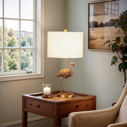 Fortune Candy 26" Matte Gold Polyresin Flamingo Table Lamp With White Drum Shade, Modern Decor for Living Room or Bedroom