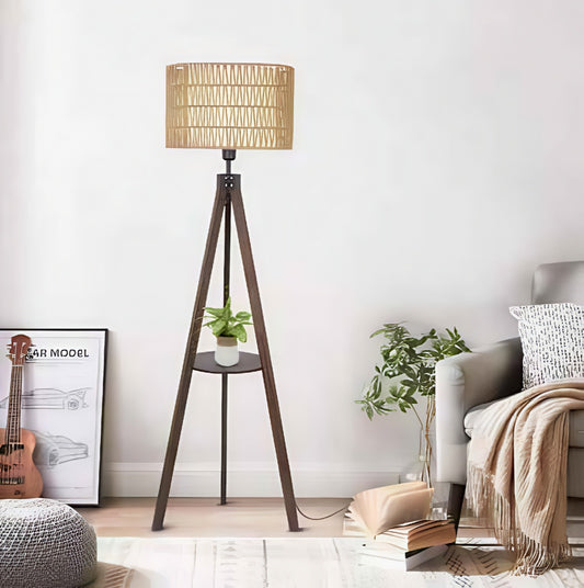 Fortune Candy 59'' Tall Boho Tripod Floor Lamp with Shelves, Mid-Century Modern Wood Standing Lamp with Rattan and Fabric Shades for Home