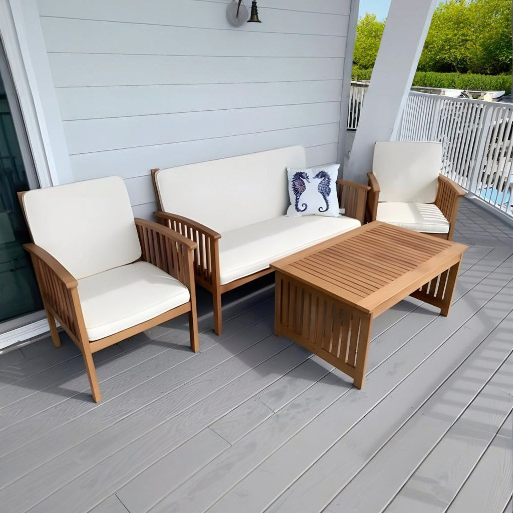 Fortune Candy 4 Pieces Indoor/Outdoor Acacia Wood Sofa Set with Cushions, Brown Conversation Furniture