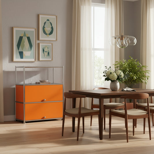 Fortune Candy 3 Tier Metal Storage Cabinet with Doors, Modern Organizer, Open Shelf for Dining Room or Living Space, Orange