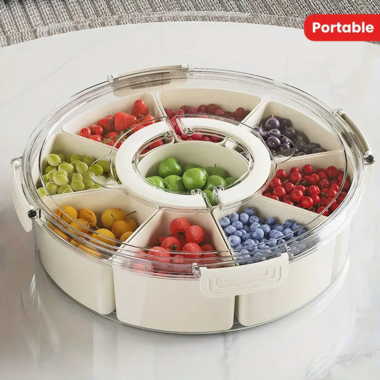 Fortune Candy 9 Compartment Box, Rotating Serving Tray with Lid & Handle, Portable Organizer for Fruits, Candy, Veggies, Party & Travel (White)