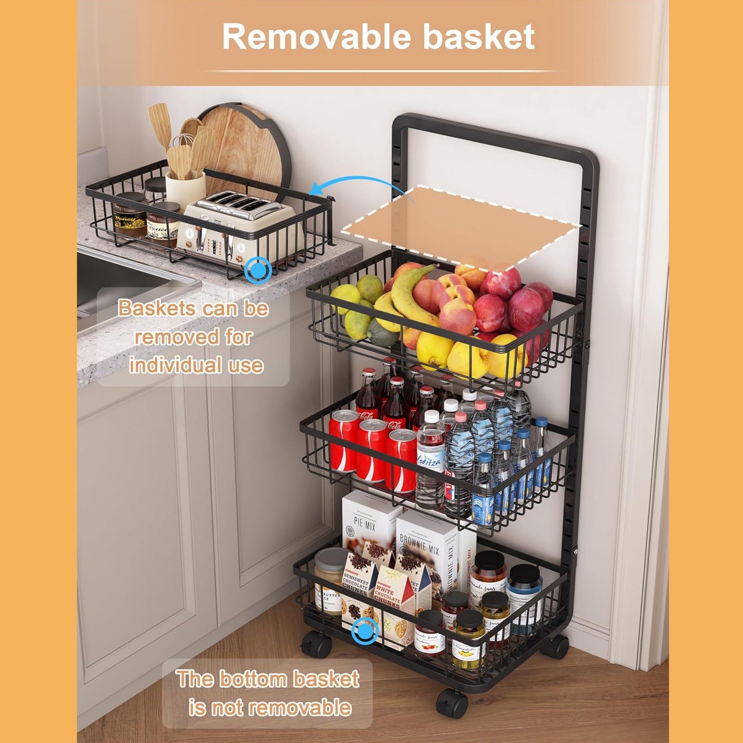 Fortune Candy Adjustable 4-Tier Metal Storage Cart with Wheels, Lockable Rolling Organizer for Kitchen, Pantry, Bathroom, or Office