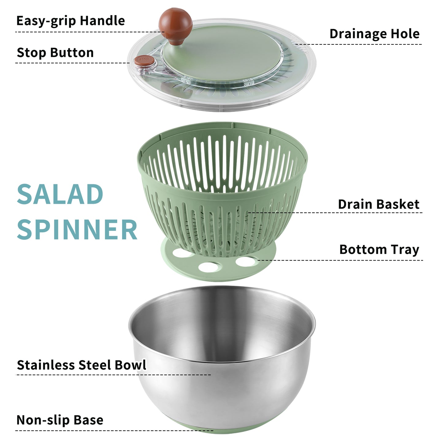 Fortune Candy 5.3 Qt Stainless Steel Salad Spinner, 7-in-1 Vegetable Washer, Cutter & Chopper with 5 Blades